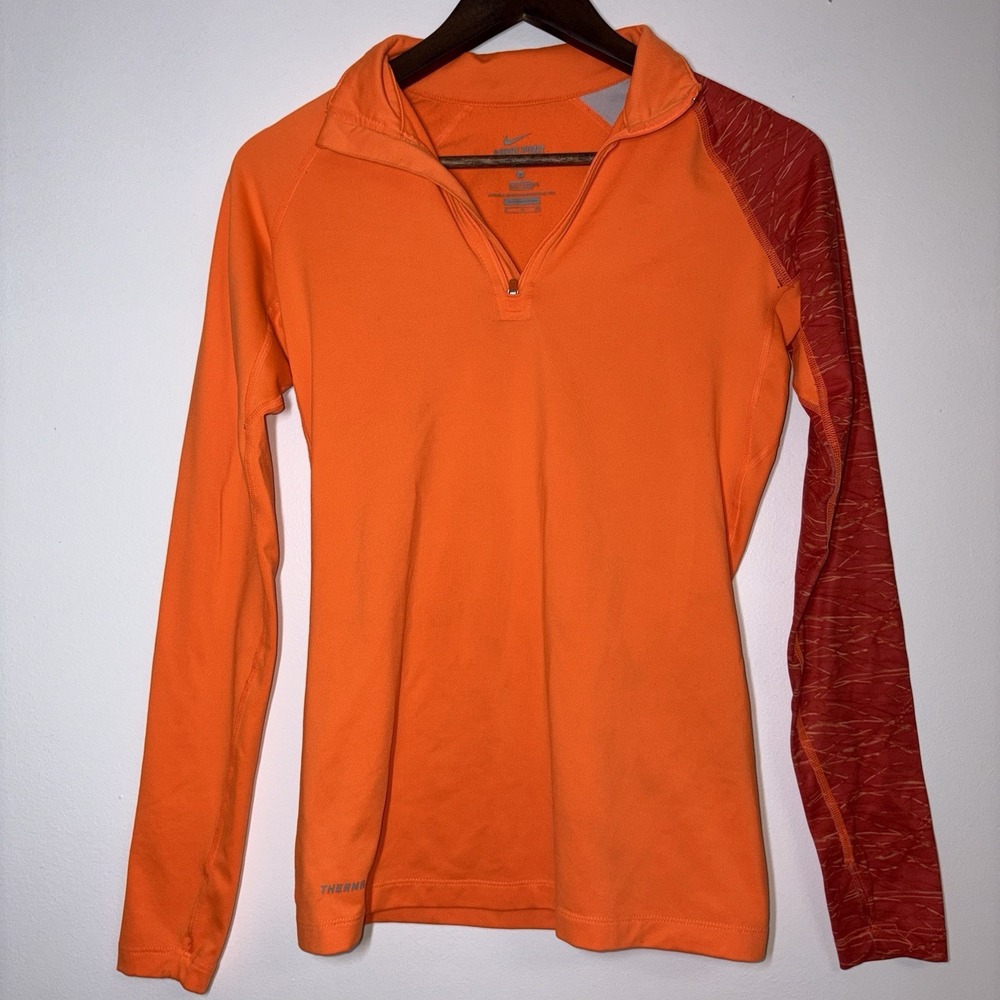 Nike Pro Combat 1/2 Zip Top Orange Red Long Sleeve Thumbholes Womens Small
